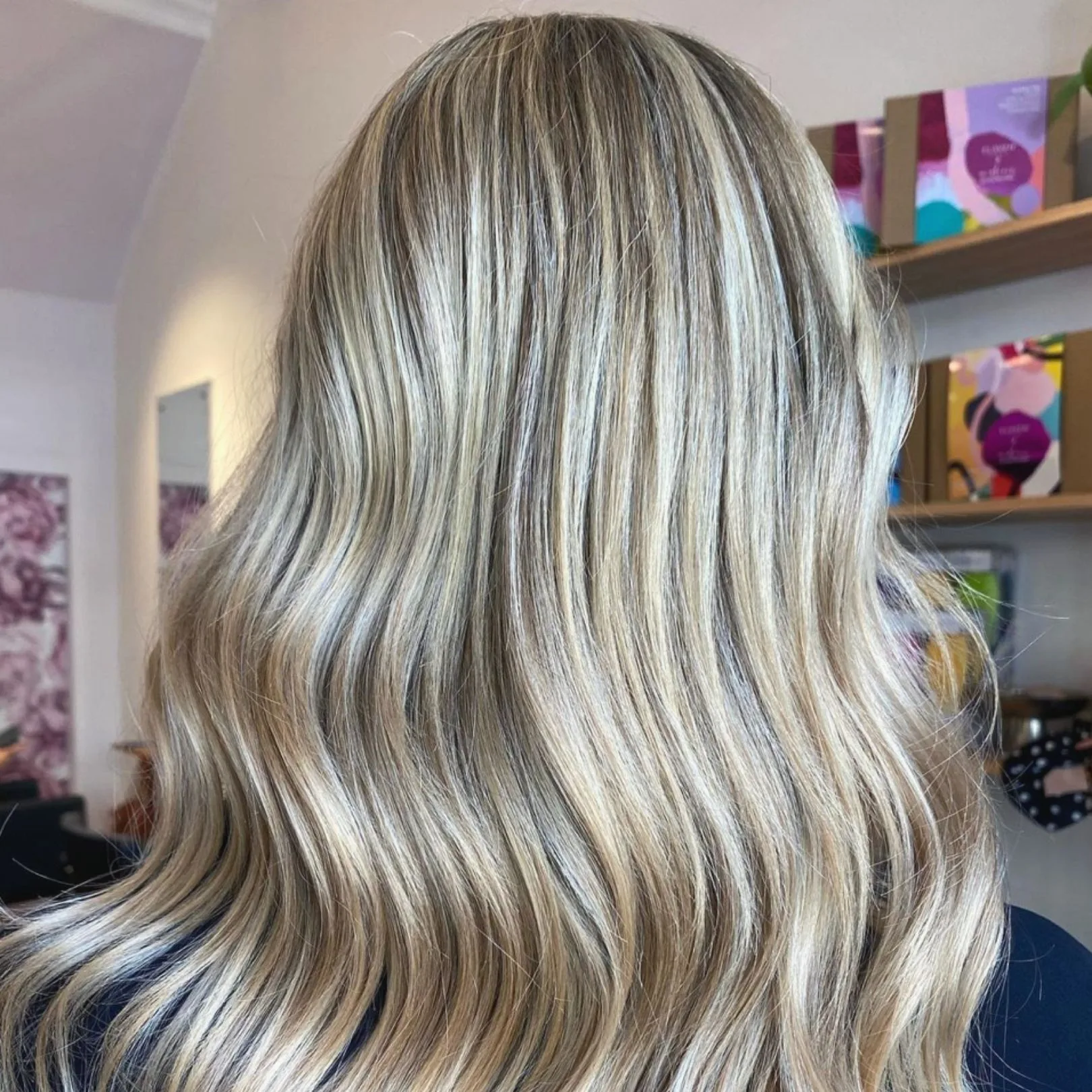 Ashy-blonde highlighted waves — colour result